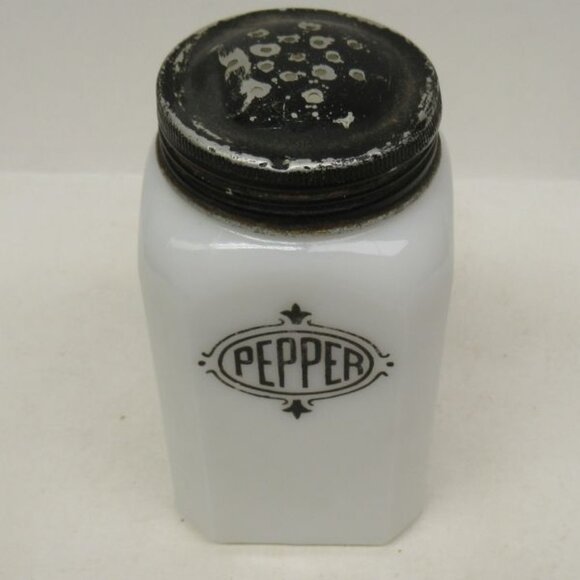 McKee White Glass BLACK SHIELD 4 1/2 Inch High PEPPER Shaker, Original Metal Lid - Picture 2 of 4